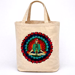 natural cotton canvas mandala meditation tote bag with multi-color circular graphic and shoulder handles