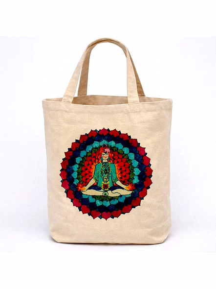 Natural Cotton Canvas Mandala Meditation Tote Bag with Multi-Color Circular Graphic and Shoulder Han