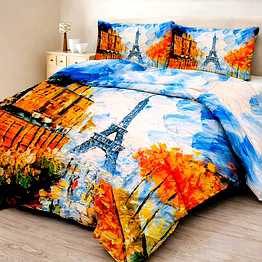 eiffel tower printed quilt bedding set with cityscape artwork and matching pillow shams