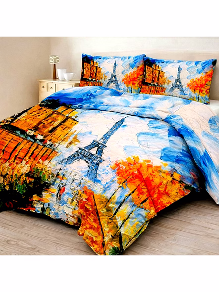 Eiffel Tower Printed Quilt Bedding Set with Cityscape Artwork and Matching Pillow Shams