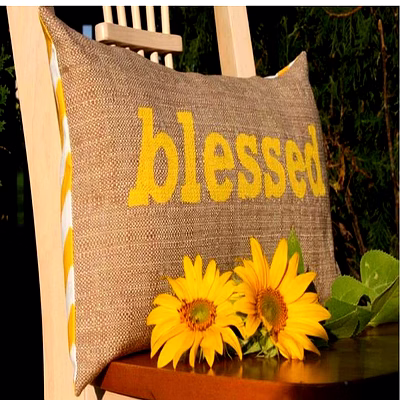 customizable blessed typography decorative pillow cover with yellow lettering