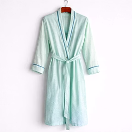 customizable light blue satin wrap bath robe with contrast piping