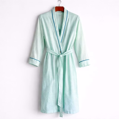 customizable light blue satin wrap bath robe with contrast piping