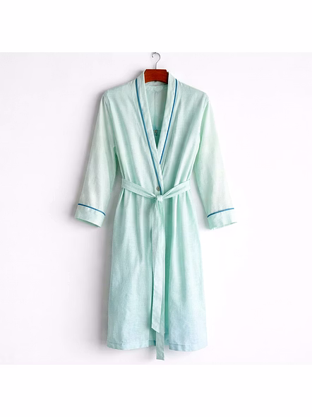 Customizable Light Blue Satin Wrap Bath Robe with Contrast Piping