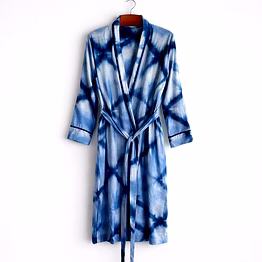 customizable blue tie-dye satin wrap bath robe with waist belt