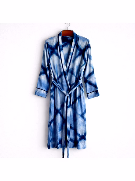 Customizable Blue Tie-Dye Satin Wrap Bath Robe with Waist Belt