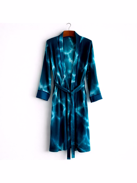 Customizable Teal Satin Wrap Bath Robe with Waist Tie Belt
