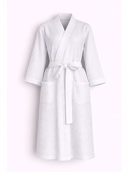Customizable White Waffle Wrap Bath Robe with Belt and Pockets