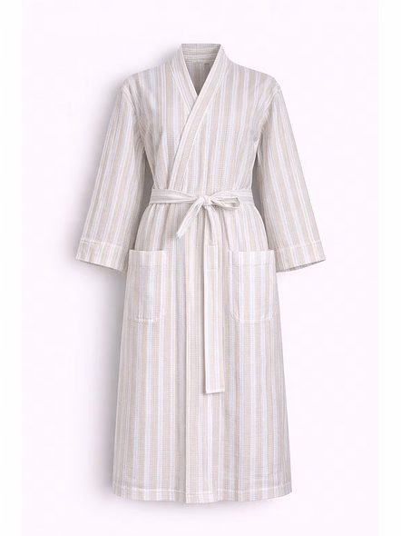 Customizable Neutral Striped Wrap Bath Robe for Spa and Hotel