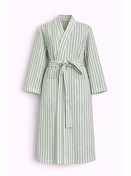 Customizable Green Striped Wrap Bath Robe for Spa and Hotel