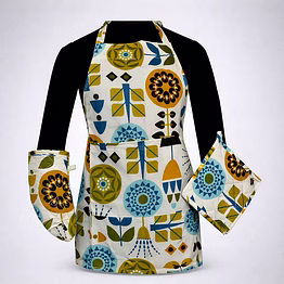 custom geometric printed kitchen apron set with matching oven mitts