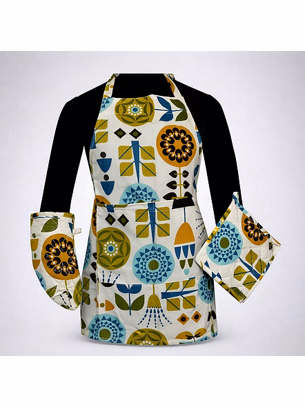Custom Geometric Printed Kitchen Apron Set with Matching Oven Mitts