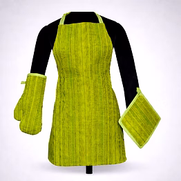 custom green textured kitchen apron set with oven mitt and pot holder