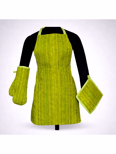 Custom Green Textured Kitchen Apron Set with Oven Mitt and Pot Holder