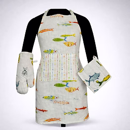 custom fish print kitchen apron set with oven mitt and pot holder