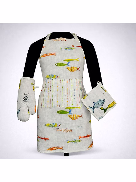 Custom Fish Print Kitchen Apron Set with Oven Mitt and Pot Holder