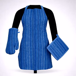 custom blue textured kitchen apron set with oven mitt and pot holder