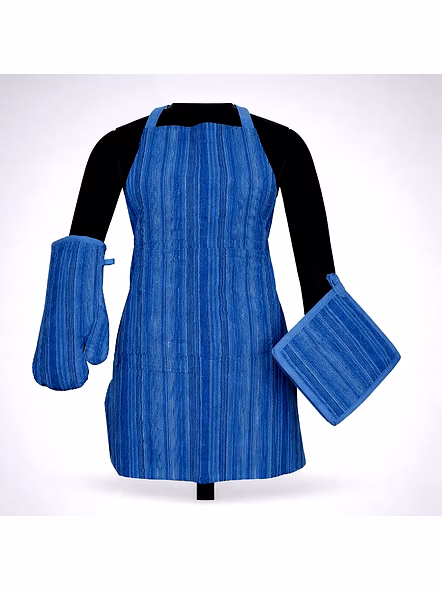 Custom Blue Textured Kitchen Apron Set with Oven Mitt and Pot Holder