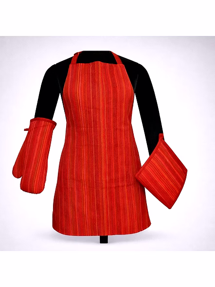 Custom Red Textured Kitchen Apron Set with Oven Mitt and Pot Holder