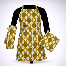 custom mustard geometric kitchen apron set with oven mitt and pot holder