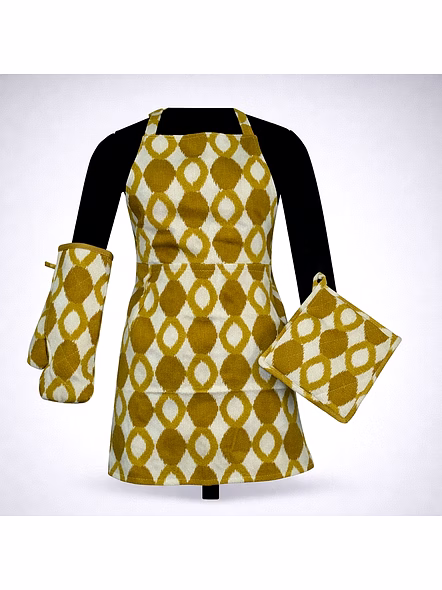Custom Mustard Geometric Kitchen Apron Set with Oven Mitt and Pot Holder