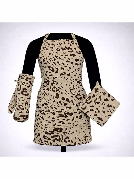 Custom Leopard Print Kitchen Apron Set with Oven Mitt and Pot Holder