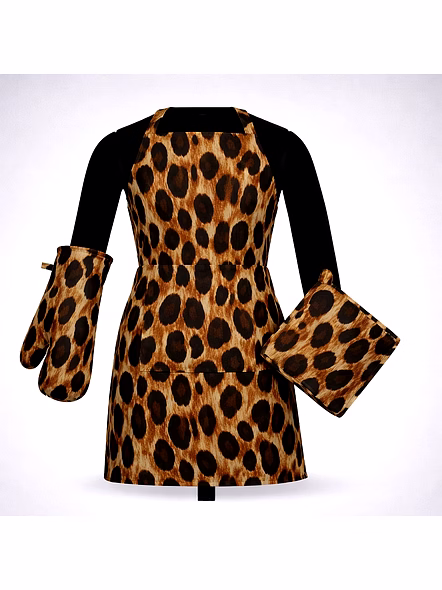 Custom Bold Leopard Print Kitchen Apron Set with Oven Mitt and Pot Holder