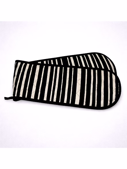 Custom Black and White Striped Double Oven Glove with Extended Heat Protection