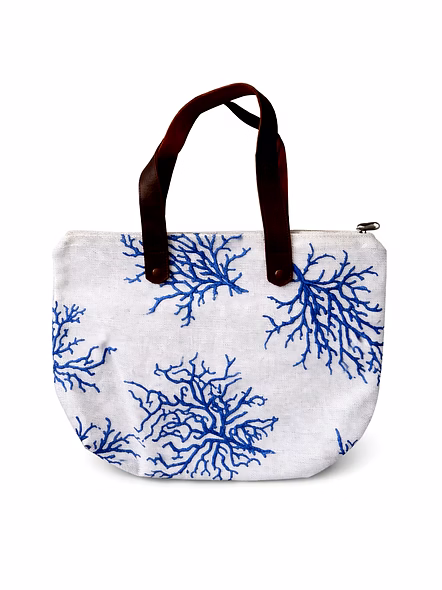 Custom Coral Print Tote Bag with Brown Handles