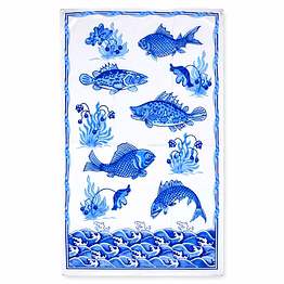 blue fish print tea towel
