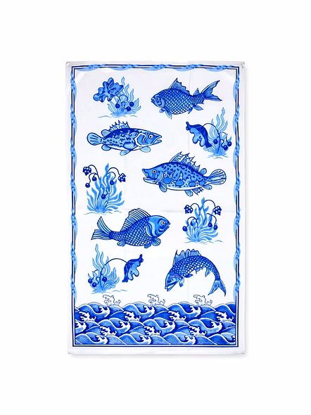 Blue Fish Print Tea Towel