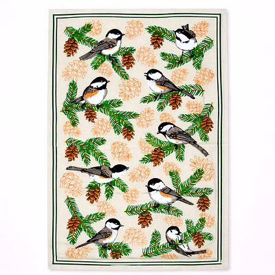 bird & pine branch print tea towel