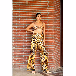 leopard print beachwear set with bikini top and high-waisted wide-leg pants