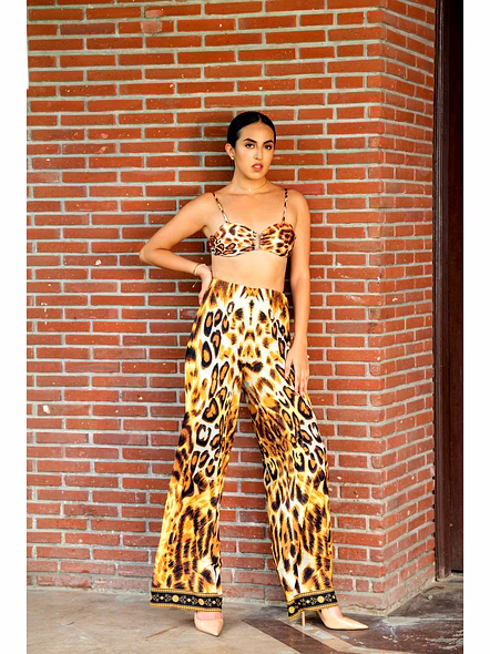 Leopard Print Beachwear Set with Bikini Top and High-Waisted Wide-Leg Pants