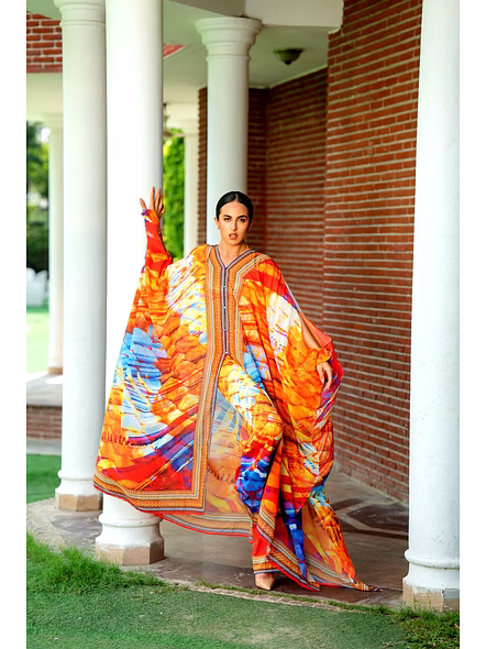 Multicolor Printed Kaftan Beach Cover-Up with Wide Sleeves and Full-Length Flowing Design