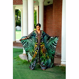 green multicolor printed kaftan beach cover-up with wide sleeves and full-length flowing design