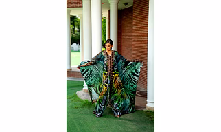 Green Multicolor Printed Kaftan Beach Cover-Up with Wide Sleeves and Full-Length Flowing Design
