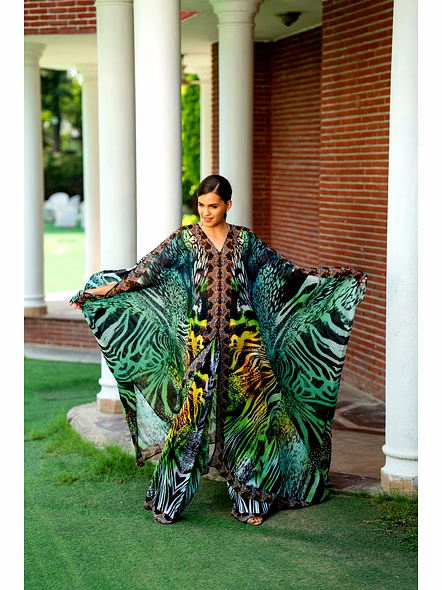 Green Multicolor Printed Kaftan Beach Cover-Up with Wide Sleeves and Full-Length Flowing Design