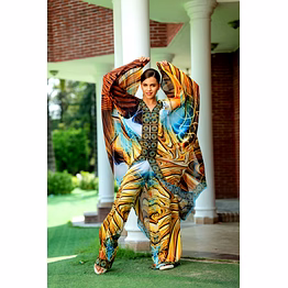 multicolor printed kaftan beachwear set with wide sleeve top and full-length pants