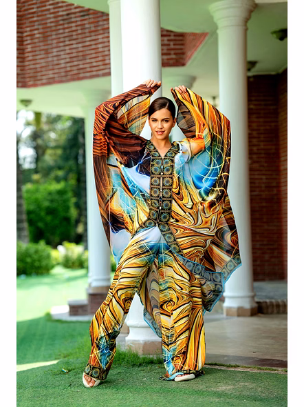 Multicolor Printed Kaftan Beachwear Set with Wide Sleeve Top and Full-Length Pants
