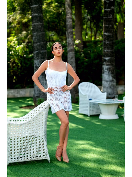 White Crochet Knit Mini Beach Dress with Openwork Skirt and Thin Straps Resortwear-Kardigi09