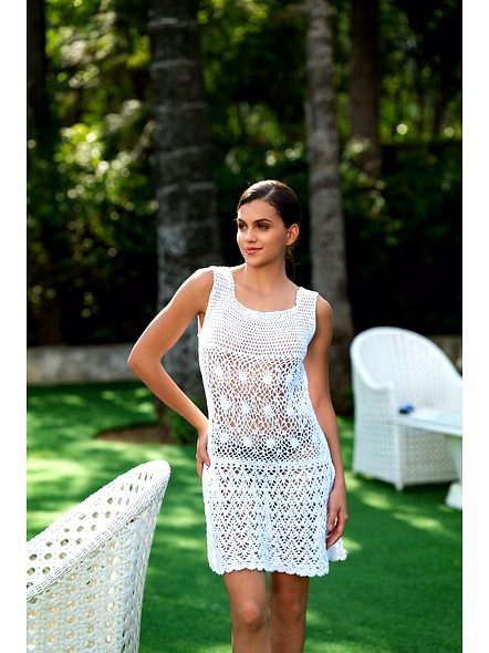 White Crochet Knit Beach Cover-Up Dress Sleeveless Openwork Mini Length Resortwear-Kardigi10