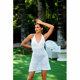 white crochet halter beach cover-up dress openwork knit flared mini resortwear