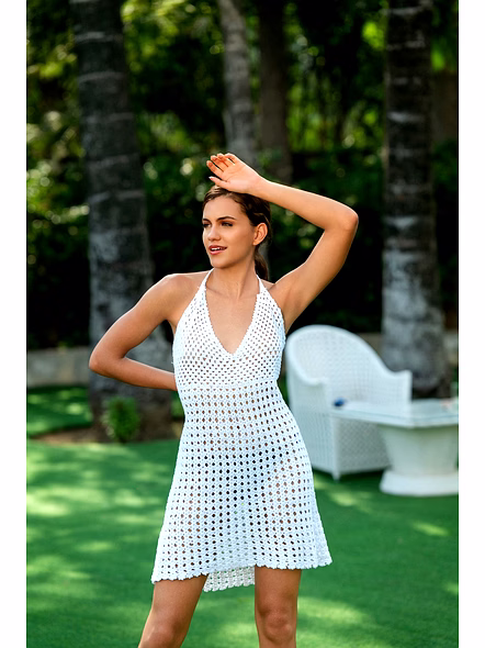 White Crochet Halter Beach Cover-Up Dress Openwork Knit Flared Mini Resortwear-Kardigi11