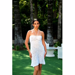 white crochet halter beach cover-up dress strapless style openwork mini resortwear
