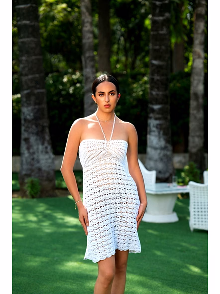 White Crochet Halter Beach Cover-Up Dress Strapless Style Openwork Mini Resortwear-Kardigi12