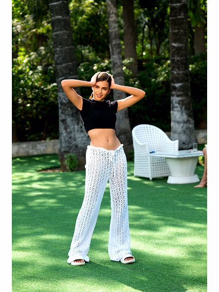 White Crochet Knit Wide-Leg Beach Pants Openwork Full-Length Drawstring Resortwear