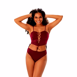 burgundy cut-out one-piece swimsuit with lace-up front and high-cut bottom beachwear