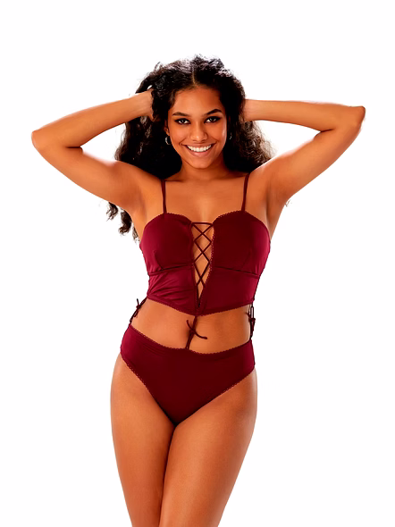 Burgundy Cut-Out One-Piece Swimsuit with Lace-Up Front and High-Cut Bottom Beachwear-Kardigi14