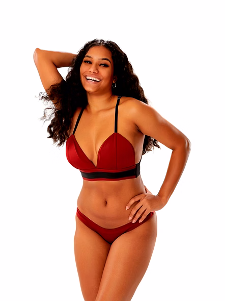 Burgundy and Black Two-Piece Bikini Set Bra-Style Top with Contrast Band Swimwear